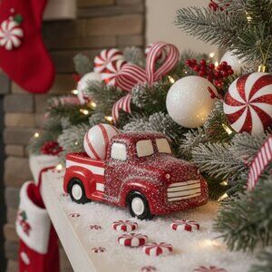 Ceramic Red Pick Up Truck Candy Cane Theme Christmas Decoration Holiday Decor